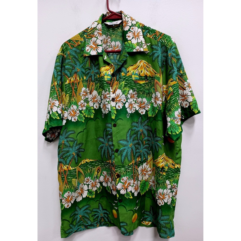 VTG Alvish Hawaiian Shirt Mens XL Green Tropical Hibiscus Beach Aloha Button Up